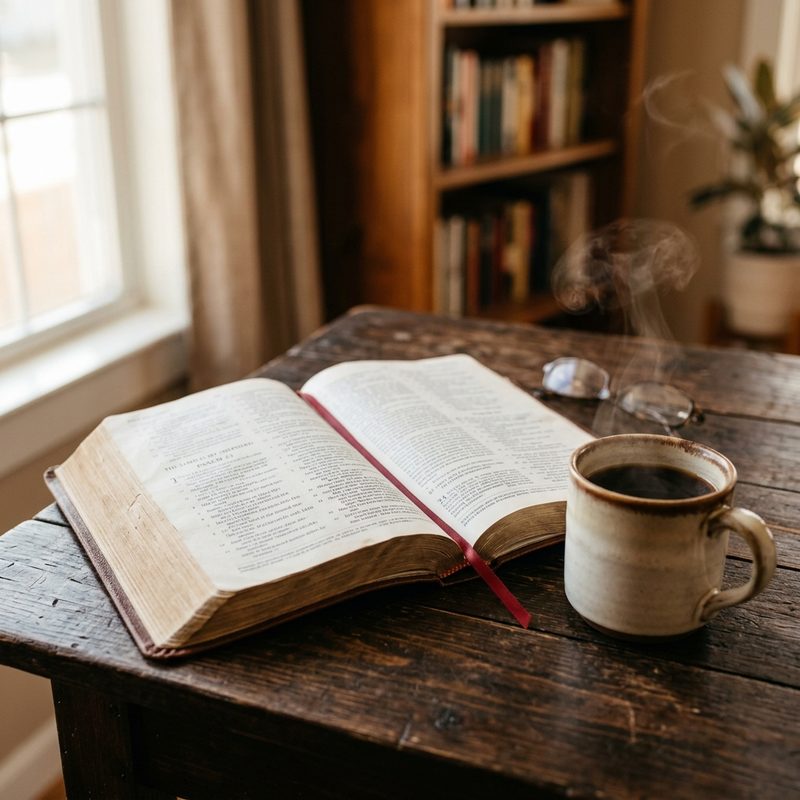 An open Bible in soft light